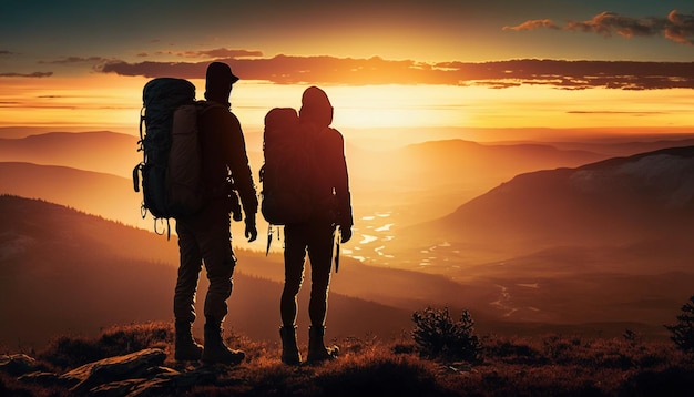 Twee wandelaars staan op een berg met een zonsondergang op de achtergrond.