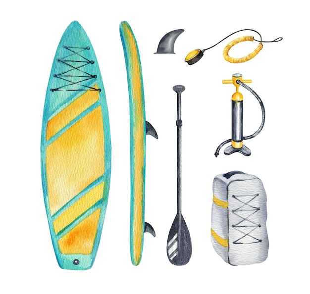 twee waterverf beeld van opblaasbare stand-up paddle board en apparatuur paddleboards rugzak zwarte paddles pomp levensgordel kiel handgetekende illustratie van SUP schets van zomervakantie op water