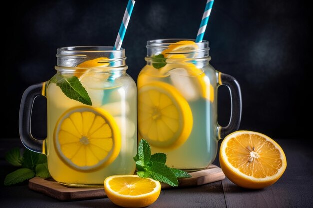 Twee weckpotten limonade met een rietje en een blauw-wit gestreept rietje.