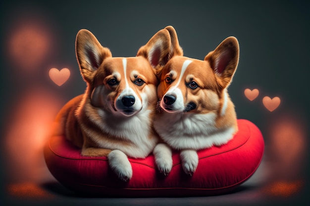 Twee welsh corgi-honden slapen op een rood, hartvormig kussen hartpictogrammen vliegen rond Generatieve AI