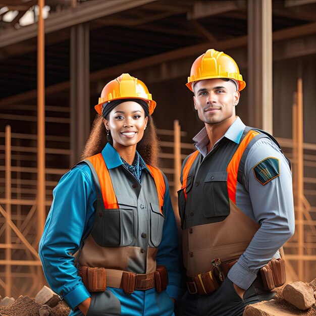Twee werknemers in uniform op een bouwplaats