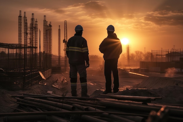 Twee werknemers op een bouwplaats bij zonsondergang