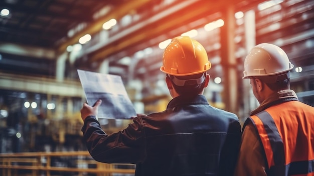 Twee werknemers waren in discussie in een industriële fabriek Omgeving van machines en apparatuur