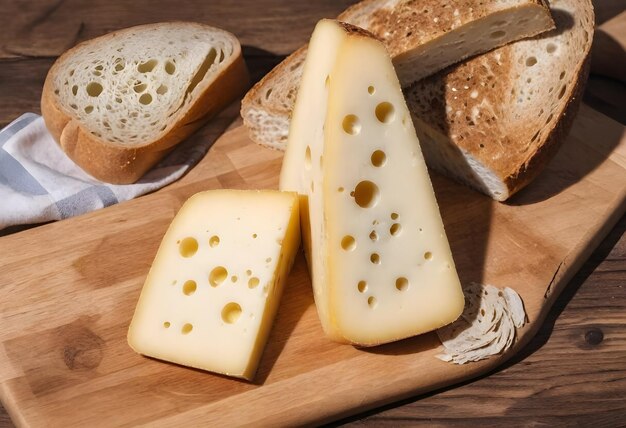 Twee wiggen kaas met gaten op een houten snijplank naast plakjes brood