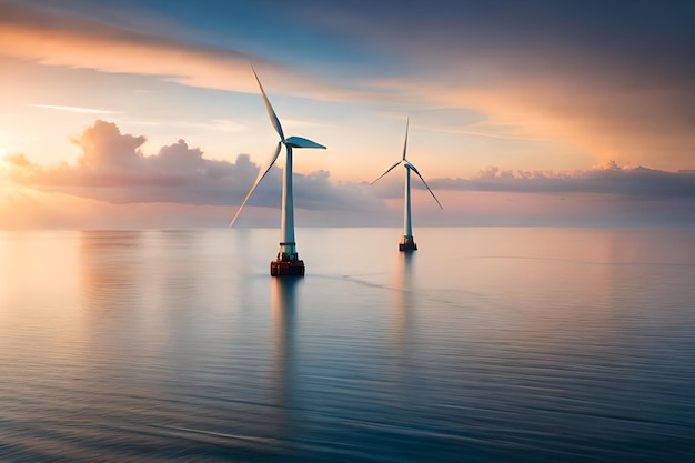 Twee windturbines in de oceaan met een zonsondergang op de achtergrond