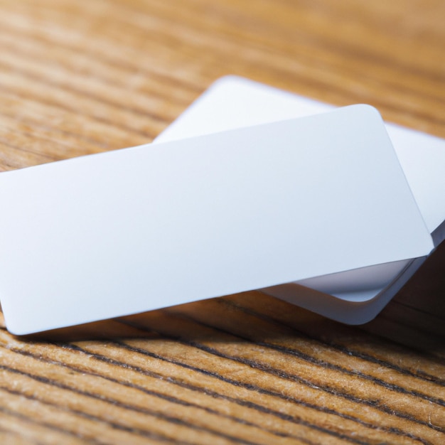 Twee witte blanco visitekaartjes op een houten tafel