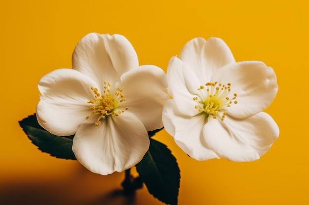 Twee witte bloemen op een gele achtergrond