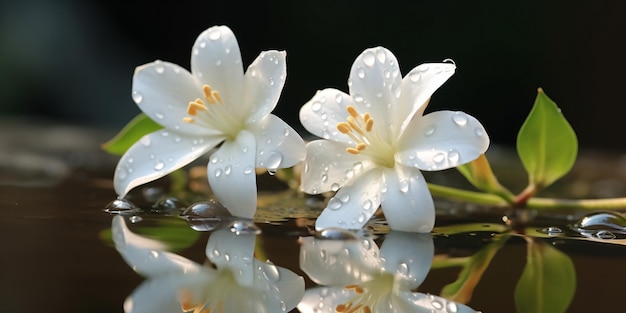 Twee witte bloemen zitten op een tafel.