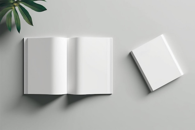 Twee witte boeken staan op een witte tafel naast een groene plant.