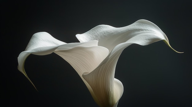 Twee witte calla lilies in een vaas op een zwarte achtergrond