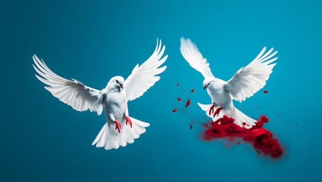 Twee witte duiven vliegen op blauwe achtergrond met kopieerruimte Liefde en vrede concept
