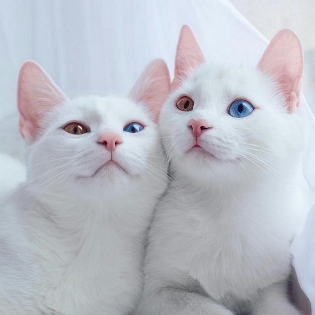 Twee witte katten met verschillende gekleurde ogen
