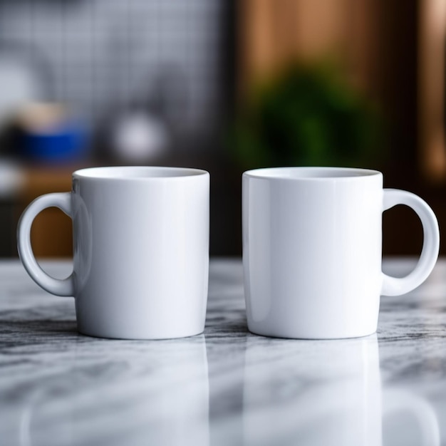 twee witte koffiekopjes bovenop een marmeren aanrechtblad generatieve ai
