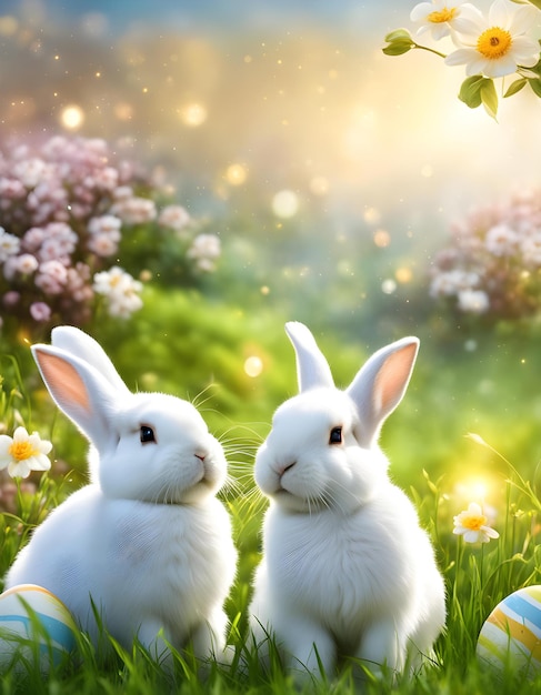 twee witte konijnen in een veld van bloemen met de zon achter hen