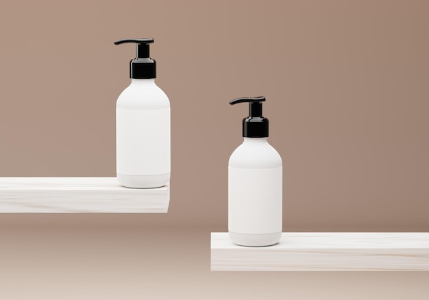 Twee witte plastic flessen voor zeep, shampoo en crème staan op een plank tegen een beige achtergrond.