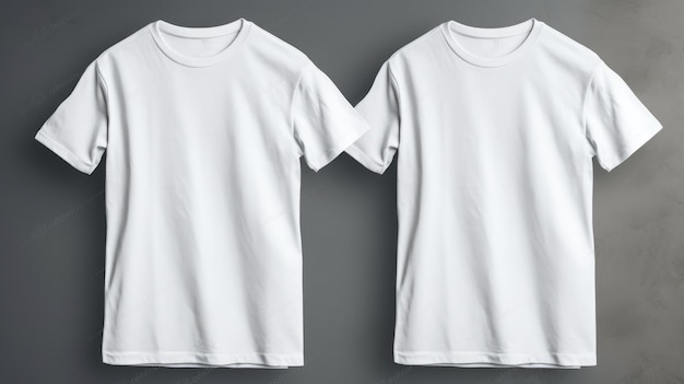 Twee witte shirts met het woord t - shirts op een grijze achtergrond.