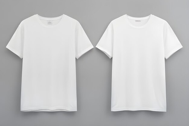 Foto twee witte t-shirts naast elkaar geplaatst op een grijze achtergrond