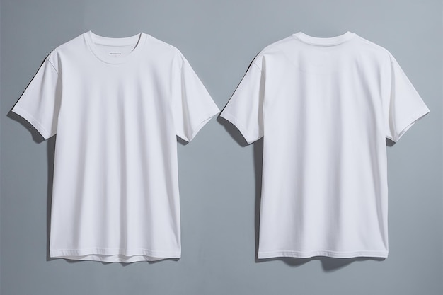 Foto twee witte t-shirts naast elkaar geplaatst op een grijze achtergrond