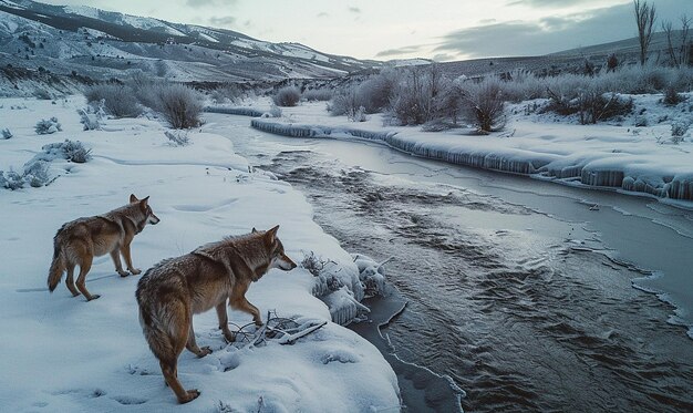 Foto twee wolven staan op een besneeuwde oever en een van hen kijkt naar de camera.