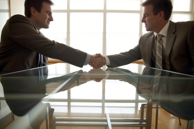 Twee zakenlieden die elkaar de hand schudden bij een glazen tafel.