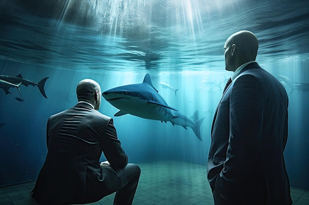 Foto twee zakenlieden en haaien op de bodem van de oceaan generatieve ai