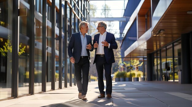 Twee zakenlieden in pakken lopen en praten in een modern kantoorpark.