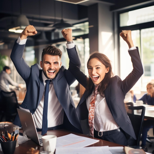 Twee zakenlieden vieren een coöperatieve overwinning in een kantoor.