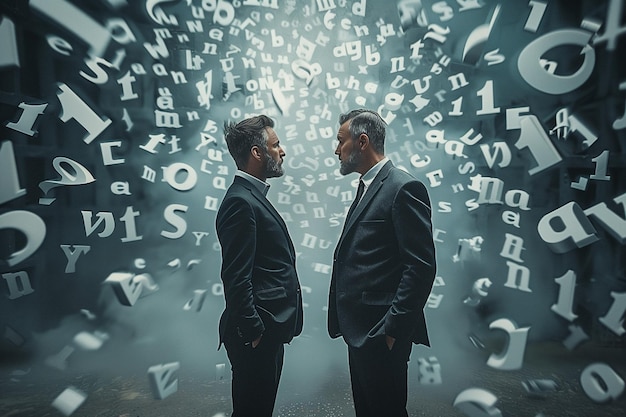 Twee zakenlieden voeren een dialoog omringd door een wervelwind van 3D-letters.