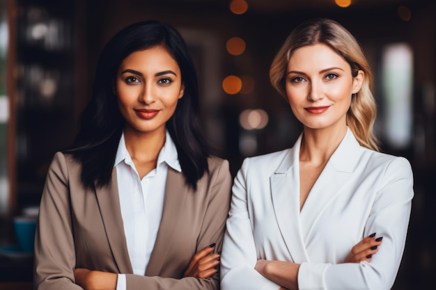 Twee zakenmensen lachende multi-etnische gelukkige vrouwelijke collega's gemengd ras collega's staan