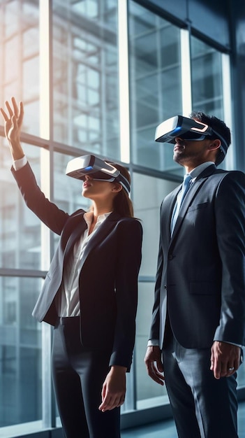 Foto twee zakenmensen ontwikkelen een project met behulp van virtual reality goggles