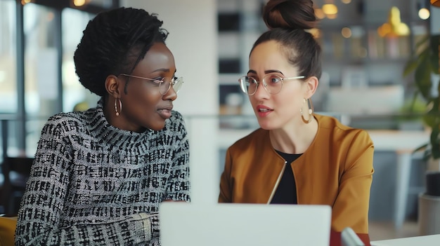 Twee zakenvrouwen in een vergadering die naar een laptop kijken. De vrouwen dragen allebei een bril en een van hen heeft haar haar in een broodje.