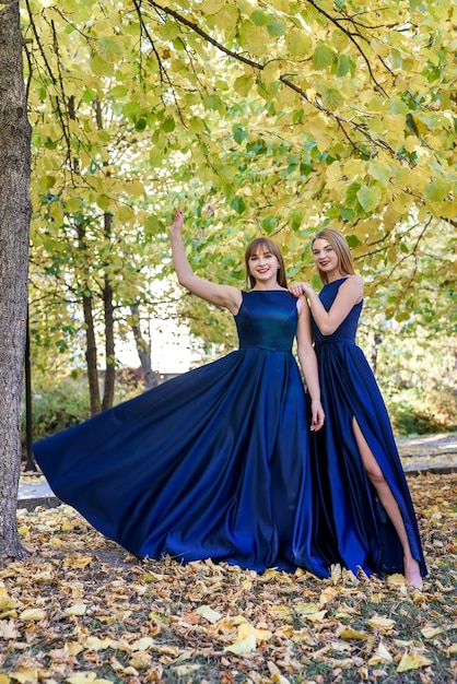 Twee zeer mooie jonge dames in modieuze blauwe jurken in herfst park.