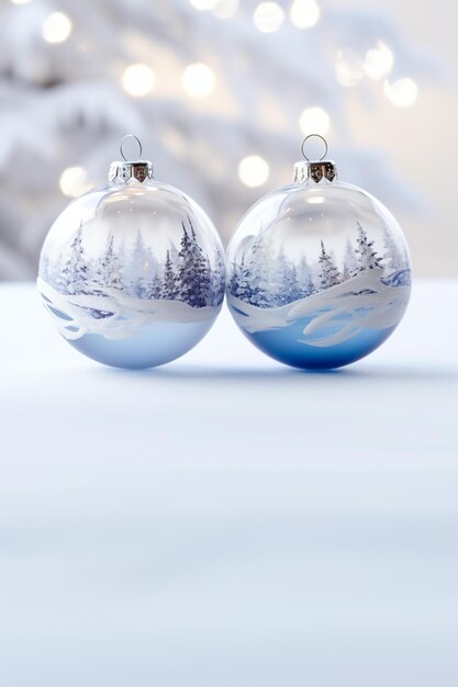 Foto twee zilveren ballen die het besneeuwde bos weerspiegelen.