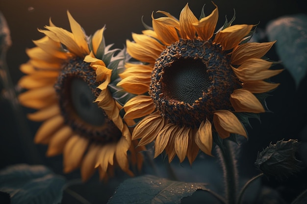 Twee zonnebloemen in een veld waar de zon op schijnt