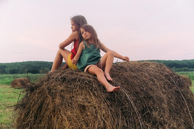 Foto twee zusjes zitten op een hooiberg hoge kwaliteit foto