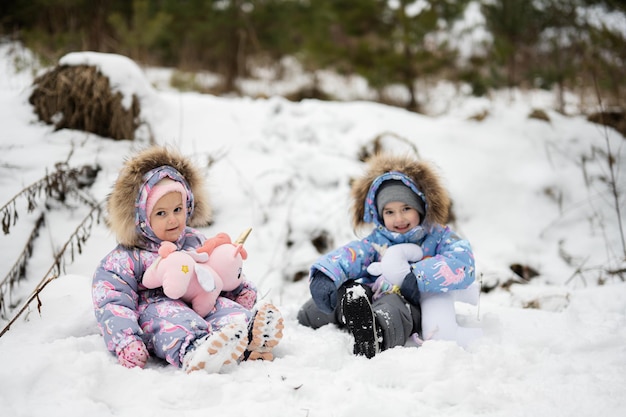 Twee zussen in het winterbos met gevuld eenhoornspeelgoed