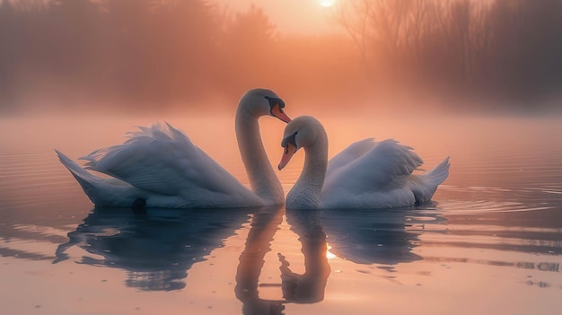 Twee zwanen op een mistig meer bij zonsopgang Romantische achtergrond