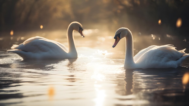 Twee zwanen zwemmen in een meer met de zon die op het water schijnt