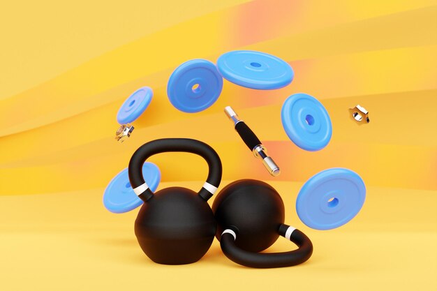 Twee zware blauwe metalen kettlebells en een gedemonteerde halter met platen op een gele achtergrond Het concept van succesvolle training en verbeteringen in sport 3D illustratie