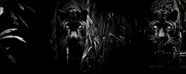 twee zwart-wit afbeeldingen van een luipaard en een kat in het gras generatieve ai