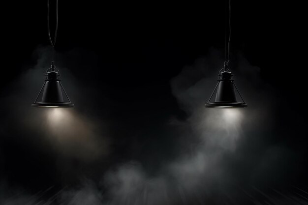 Foto twee zwarte hanglampen met rook op donkere achtergrond 3d-rendering