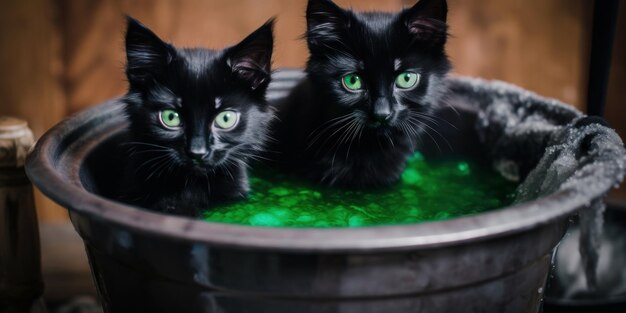 Twee zwarte katten zitten in een emmer groen vloeibaar generatief ai-beeld