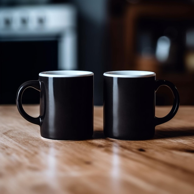 twee zwarte koffiemokken zittend op een houten tafel in een generatieve keuken ai