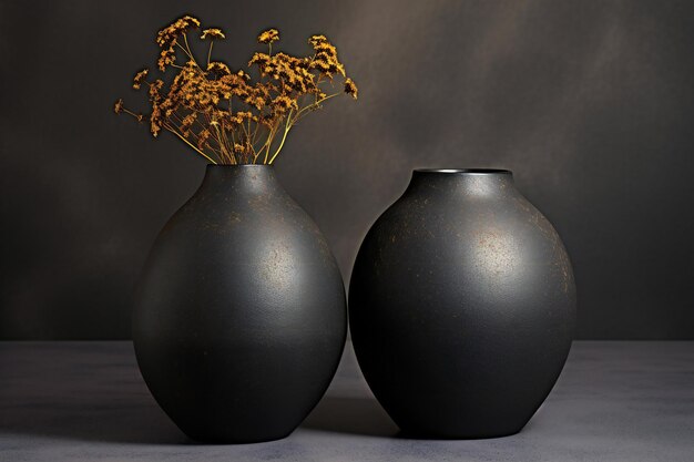 Foto twee zwarte vazen met gedroogde bloemen op een grijze achtergrond