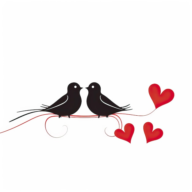 twee zwarte vogels met harten op hun hoofden op een witte achtergrond in de stijl van minimalistisch