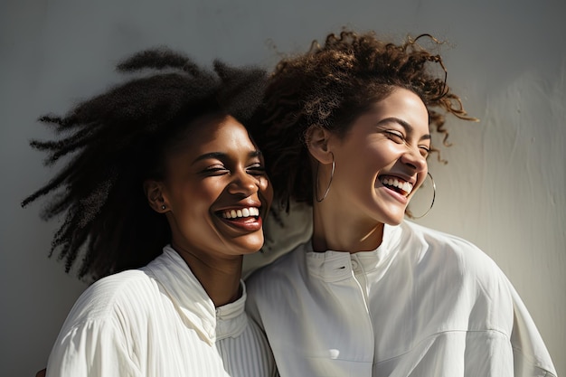 Twee zwarte vrouwen die glimlachen naar iets op een witte achtergrond in de stijl van spontane gebaren