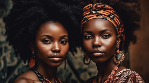 Twee zwarte vrouwen staan bij elkaar, een van hen heeft een grote afro op haar hoofd.