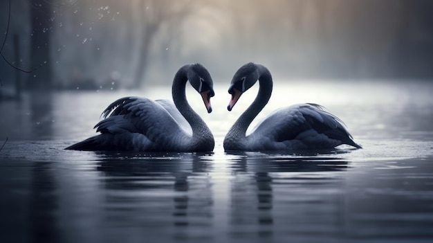 Twee zwarte zwanen moment van liefde in het meer