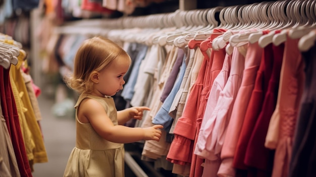 Tweejarig kind dat haar eigen jurken kiest uit het kinderdoekenrek