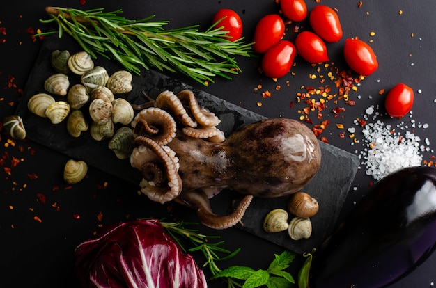 Tweekleppige schelpdieren met octopus op zwarte lei